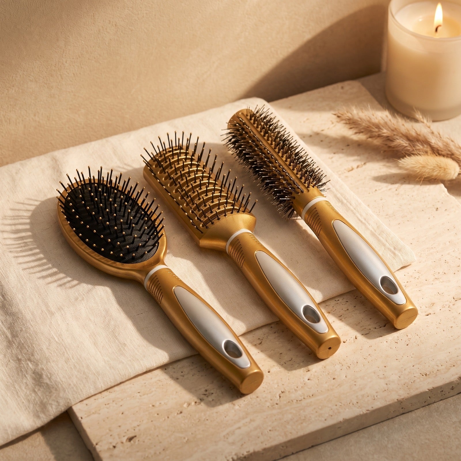 Set de 3 Cepillos Profesionales para Cabello – Desenredante, Alisador y Voluminizador con Mango Dorado YADOCORE