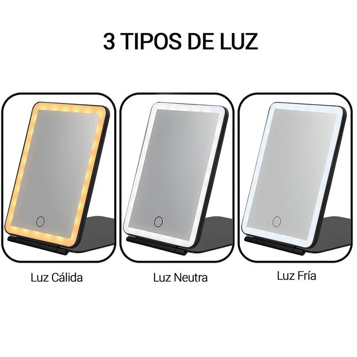 Espejo de Tocador Plegable con Control Táctil, Batería Recargable y 3 Tipos de Luz: Fría, Neutra y Cálida