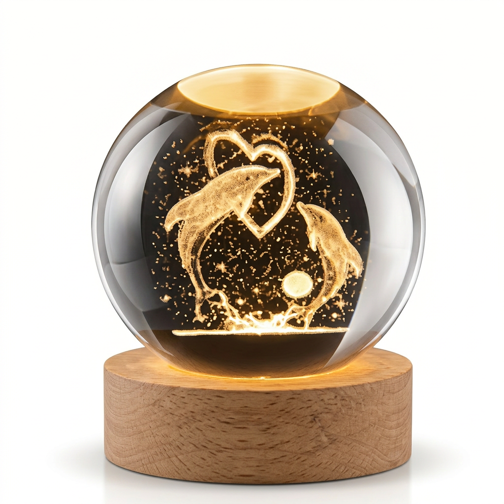 Lámpara de Cristal 3D con Diseño de Delfines Grabado - Luz LED Decorativa con Base de Madera, Regalo Romántico