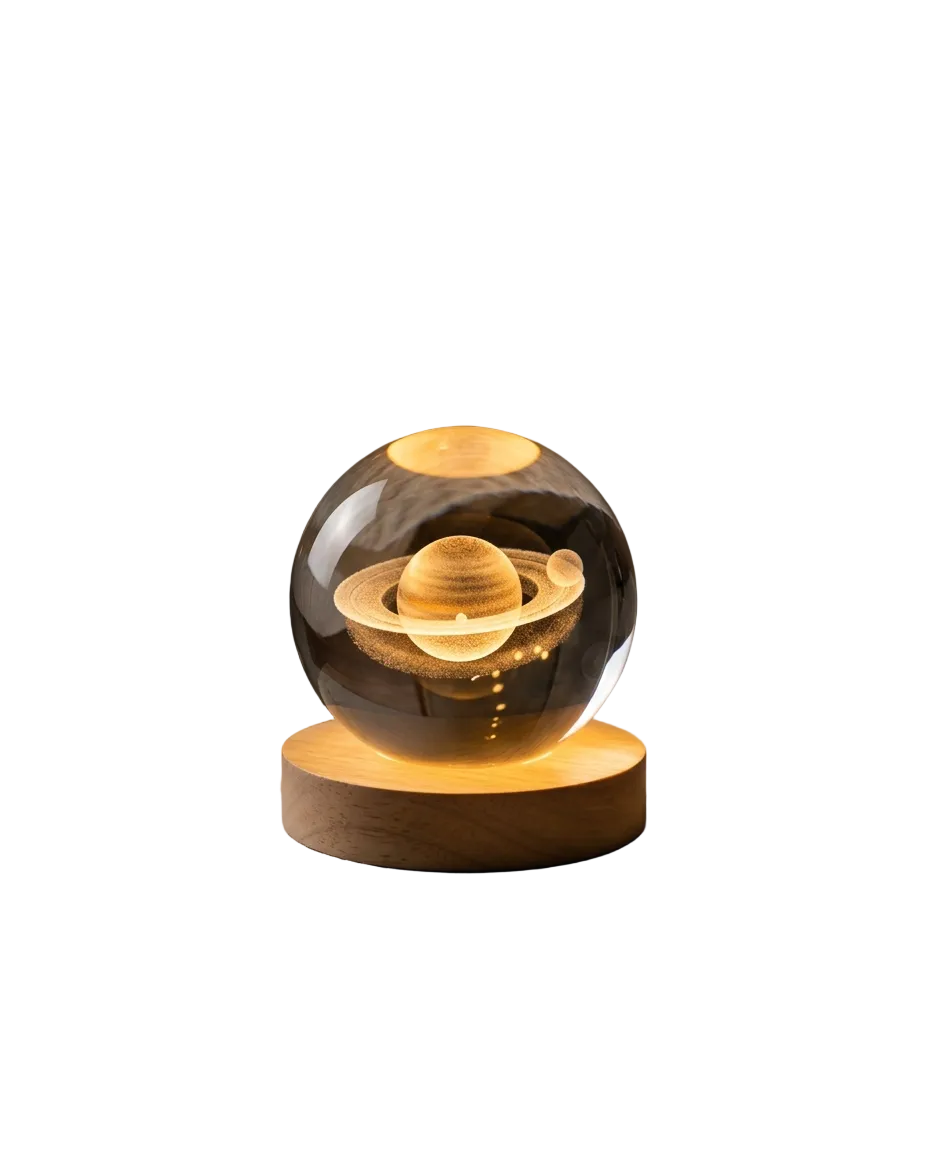 Lámpara de Cristal 3D con Diseño de Saturno - Luz LED Decorativa Espacial con Base de Madera