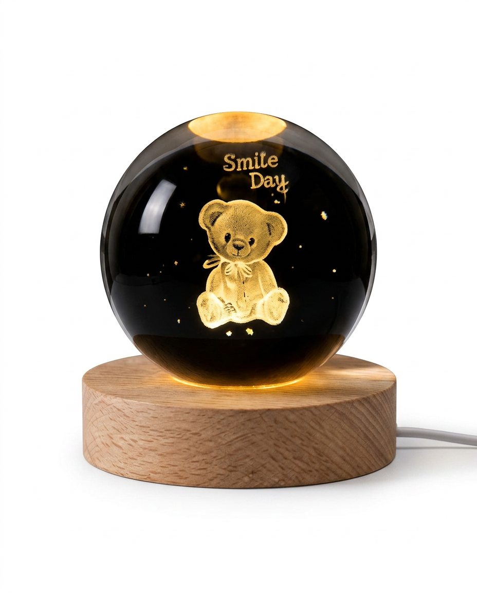 Lámpara de Cristal 3D con Osito de Peluche Grabado "Smile Day" - Luz LED Decorativa, Regalo Tierno