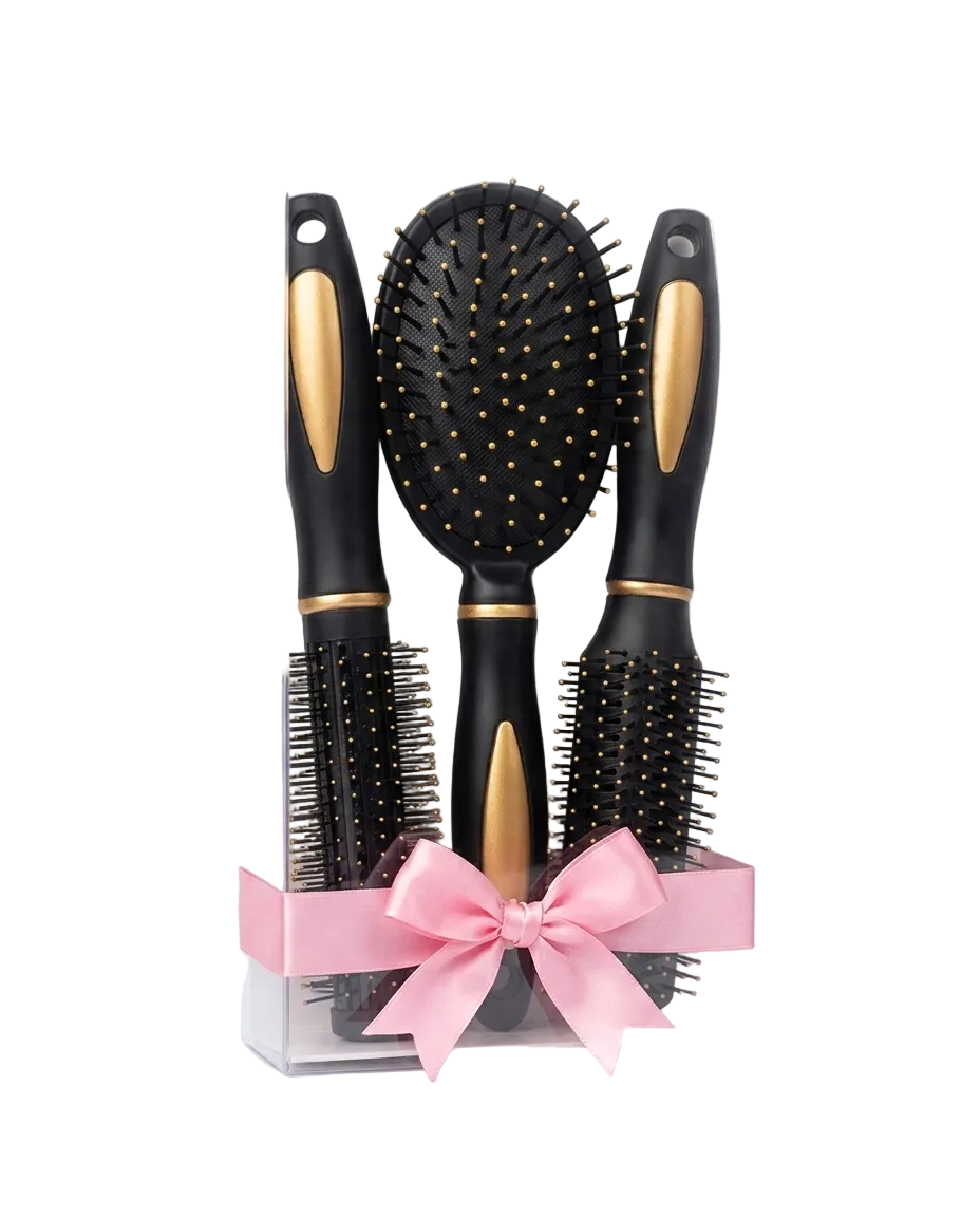 Set Profesional 3 Piezas Cepillo + Peine + Peine para Brushing Negro y Dorado – Luzan