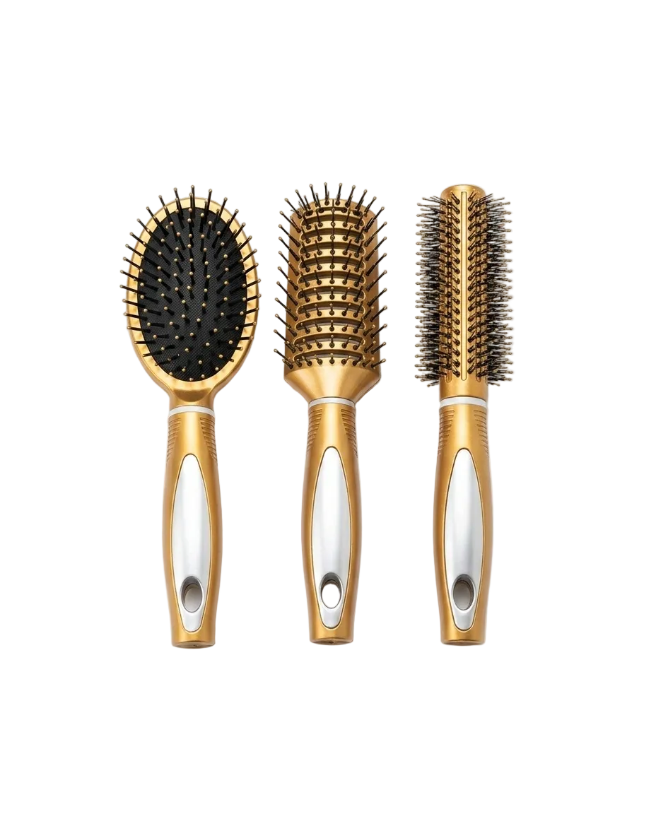 Set de 3 Cepillos Profesionales para Cabello – Desenredante, Alisador y Voluminizador con Mango Dorado
