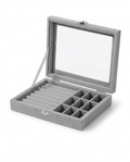 Alajero Organizador de Joyas con Tapa de Vidrio – Caja de Terciopelo Gris con Compartimentos para Anillos, Aros y Accesorios