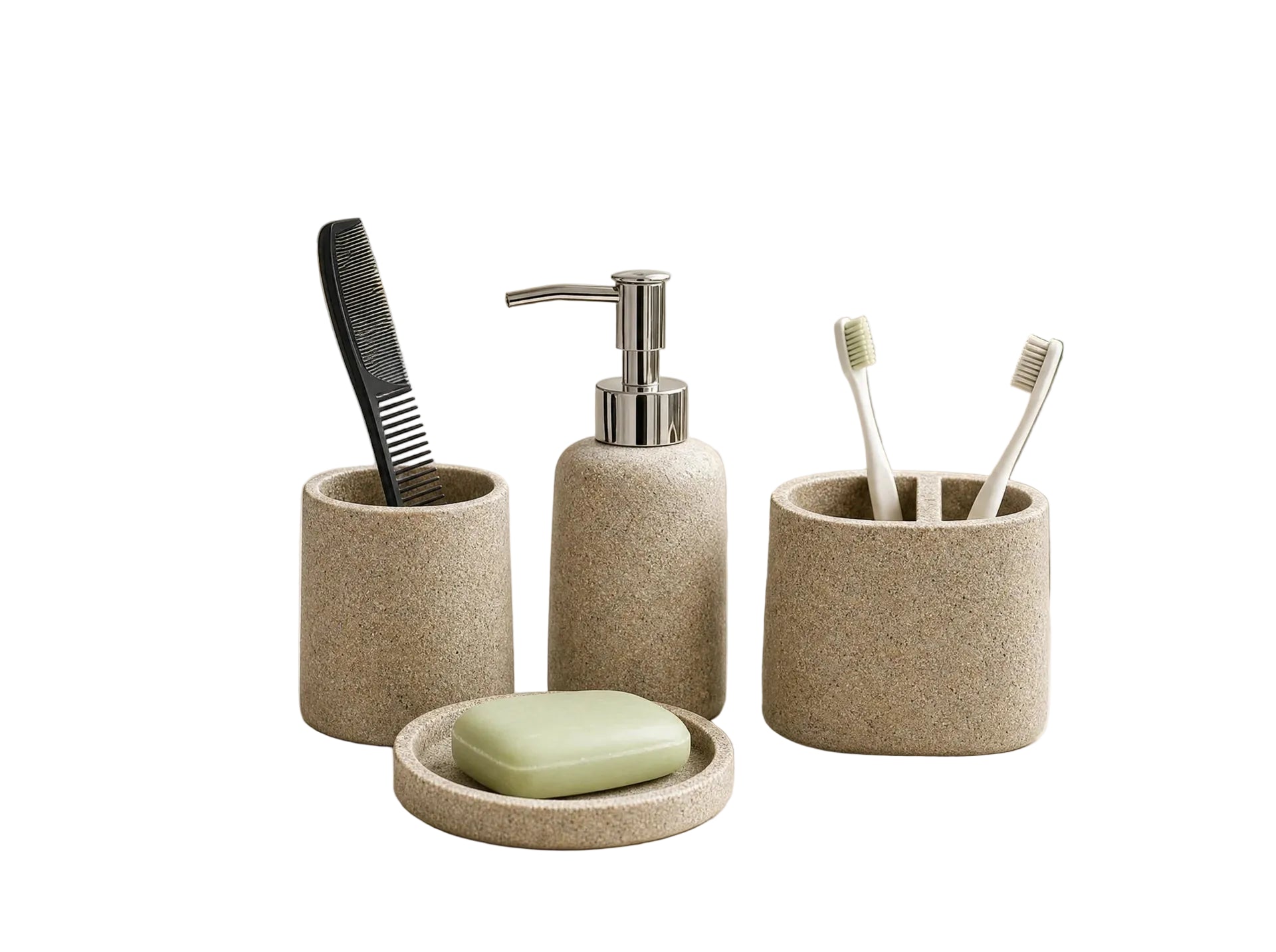 Set de Baño 4 Piezas Textura Piedra Natural – Dispensador de Jabón, Vasos y Jabonera